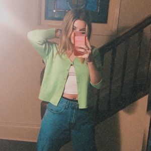 vintage 90s Lime Green Cardigan Button Down Cotton